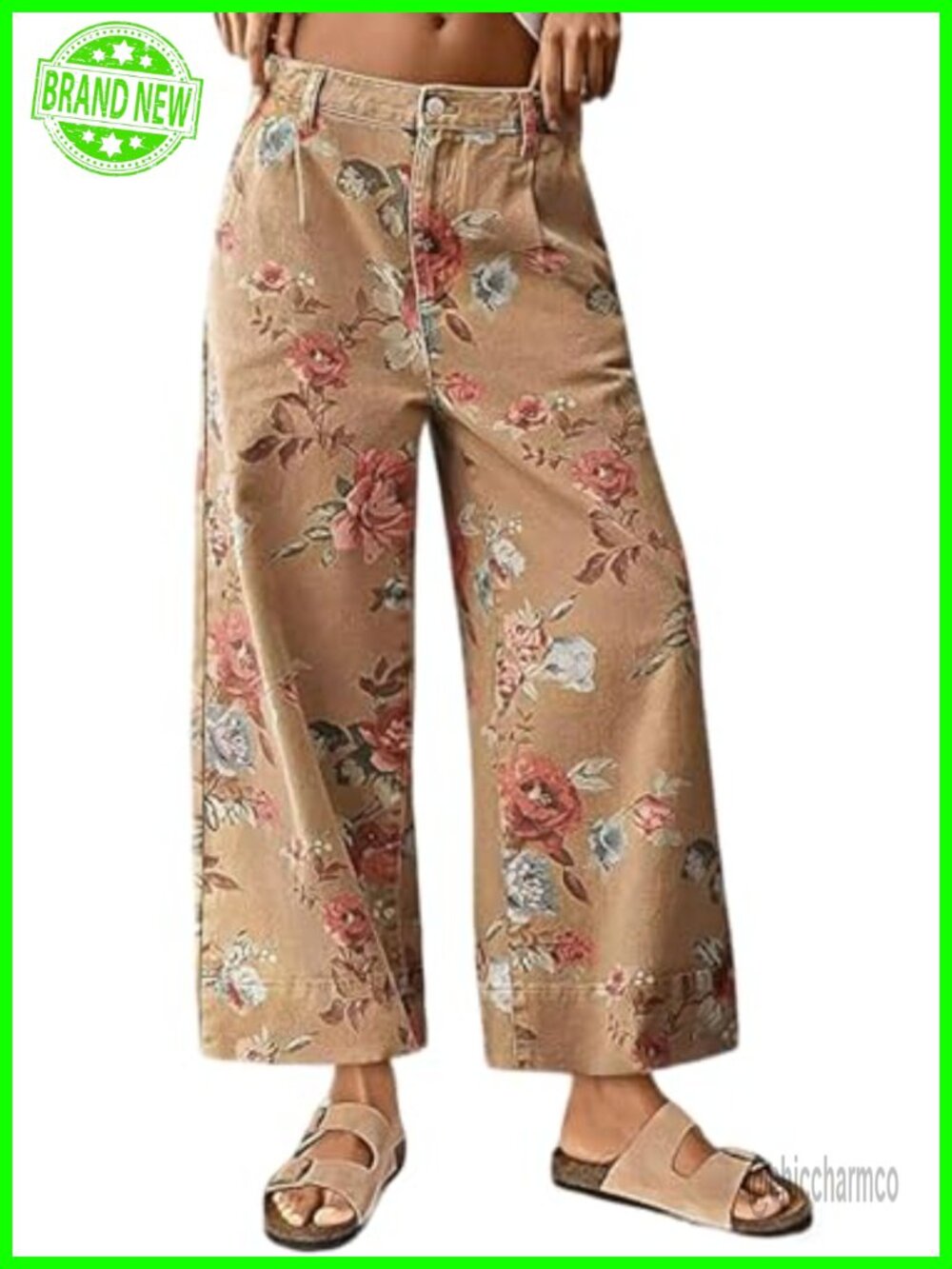 Wide Leg Cropped Floral Jeans Mid Rise Baggy Ankle Denim Capris